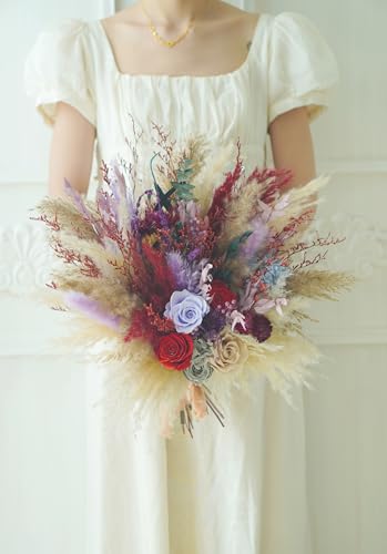 Ramo de flores secas beige y rojo estilo boho rústico miniatura 3