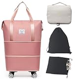 Barsine Rolling Duffle Bag with Wheels, Large Expandable Tote Bags for Weekend Overnight Carry On Wheeled Duffel with Travel Essentials Bag, Pink