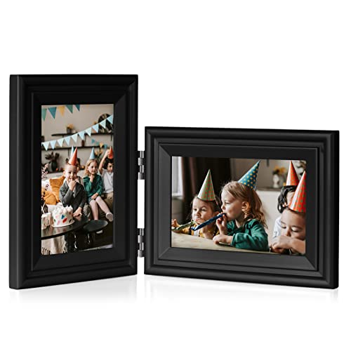 Tamolus 4x6 Double Hinged Picture Frame Folding Photo Frame Vertical and Horizontal in Black Pine Wood with Real Glass for Tabletop X2-HEI-SH46