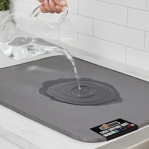GORILLA GRIP Ultra Water Absorbent Microfiber Dish Drying Mat, Quick Dry Thick Mesh, Slip Resistant Pad for Sink Dishes or Under Rack, Kitchen Counter Accessories, 16x18, Machine Wash Mats, Gray