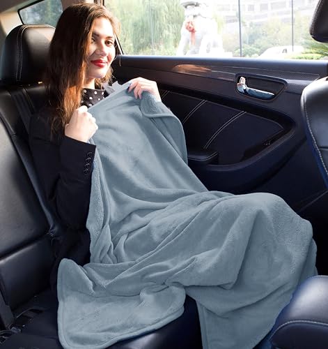 Image of BlueHills Premium Soft Long Travel Blanket Pillow for Tall Airplane Flight Essentials Large Compact 2 in 1 Airline Blanket Throw Packable Warm Plane Traveling Accessories Grayish Blue T056