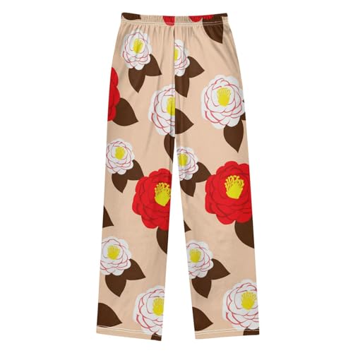 J JOYSAY Camellia Flower Leaves Beige Pajamas Pants Soft Long Pajama Bottoms Lounge Sleep Pants Size S-XL2