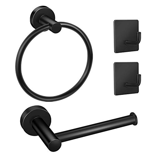 EAONE 4 Pieces Bathroom Hardware Accessories Set, 304 Stainless Steel Wall Mounted Toilet Paper Holder Towel Ring Holder and Adhesive Robe Towel Hooks, Matte Black