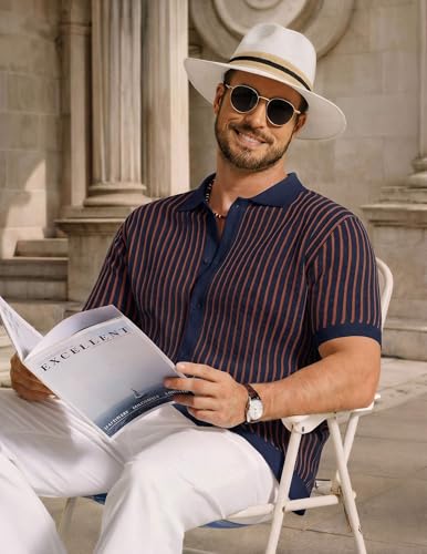 Image of COOFANDY Mens Knit Button Down Shirts Short Sleeve Polo Shirt Vintage Striped Casual Shirts