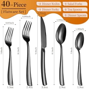 40 Piece Black Silverware Set Heavy Duty Stainless Steel Flatware Cutlery Set Service for 8 Food Grade Utensil Sets for Home Restaurant Dishwasher Safe