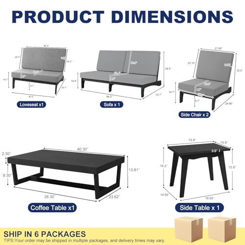Image of Pia Ricoo 6-Piece Patio Furniture Set, Outdoor Sectional Sofa with Loveseat, 2 Chairs, Coffee Table & Side Table, All-Weather Conversation Set for Backyard /Deck /Lawn - Gray /Dark
