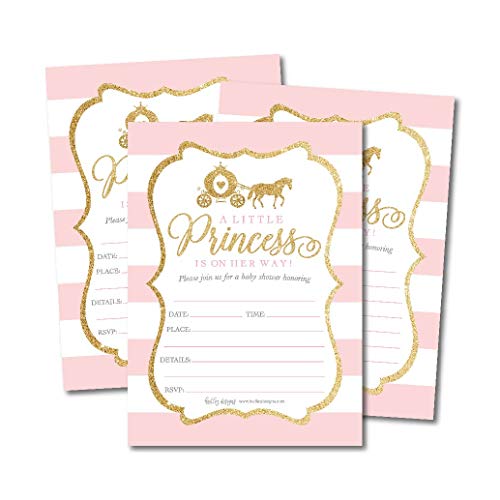 Hadley Designs 25 Little Princess Baby Shower Invitations, Pink & Gold Sprinkle Invite for Girl, Modern Gender Theme On Her Way, Cute Printed Fill in Blank Printable Card Unique Coed Party Supplies