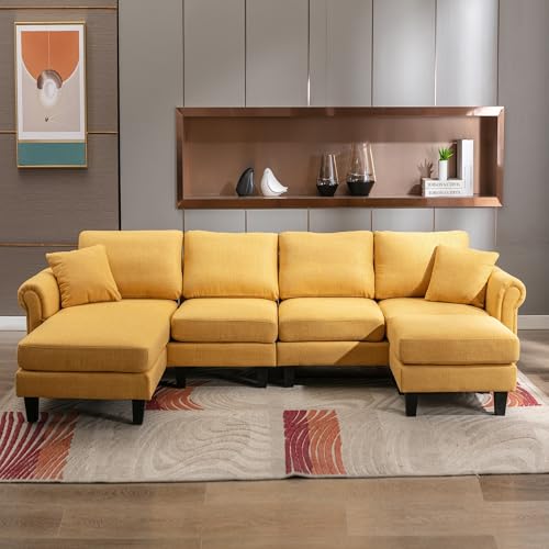 Image of Nathan 6 Seater L Shape Sofa with Centre Table | 6 Seater Sofa Set for Living Room (Nathan Yellow, LHS)
