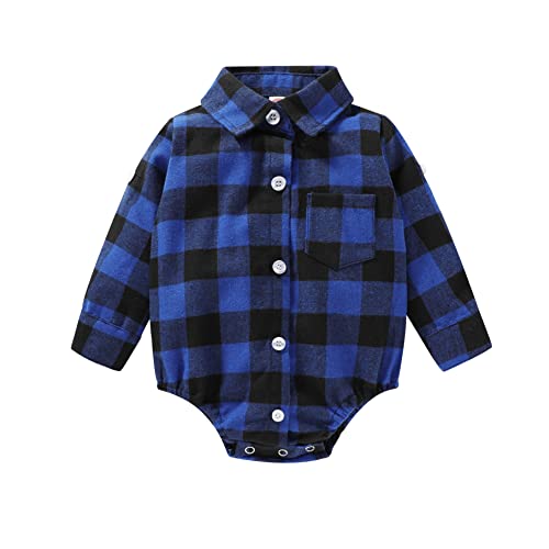 Image of HAPPYMA Newborn Baby Boy Girls Plaid Outfit Flannel Romper Tops Infant Long Sleeve Button Down Plaid Casual Bodysuit Clothes
