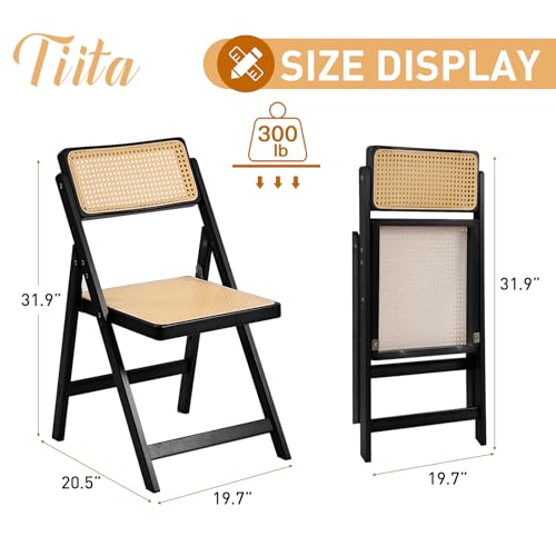 Tiita Rattan Dining Chairs Set of 2, Mid Century Modern Folding Chair, Bamboo Folding Dining Chairs for Small Space, Dining Room, Living Room, Bedroom, Black