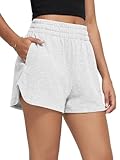 ODODOS Women's Sweat Shorts Cotton French Terry Curved Hem Workout Casual Relaxed Lounge Shorts with Pockets, White Heather, Large