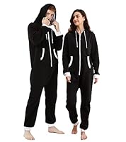 Dodheah Unisex Onesie Schwarz Pyjama Einteiler Overall Jumpsuits Nachtwäsche Familie Loungewear mit Kapuze Reißverschluss Schwarzer L