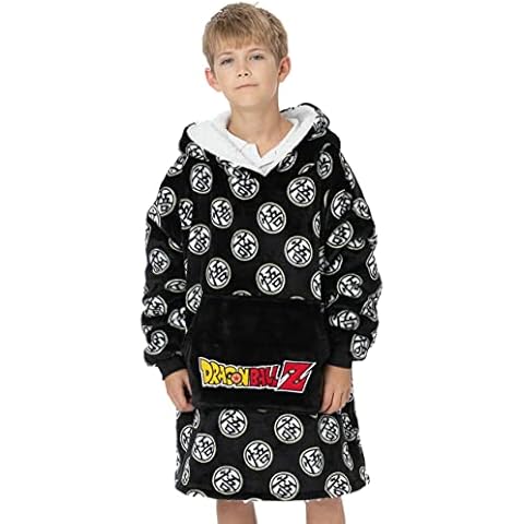 Dragon Ball Z Oversized Blanket Hoodie Kids | Boys Girls Goku Warrior Family Symbol Fluffy Double Lined Sherpa Fleece Vuddie | One Size Sweatshirt Big Pocket Black Cover