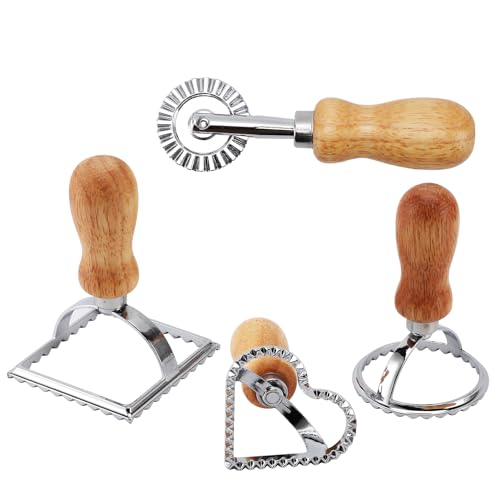 4 Pieces Ravioli Mold Set, Ravioli Maker Cutter with Roller Wheel, Ravioli Cutter Set with Wooden Handle, Pasta Making Tools, Raviolies Maker Press for Pasta, Dumplings, Biscuits, Desserts