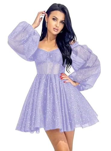 Sparkly Tulle Homecoming Dresses for Teens Puffy Sleeve Short Prom Dress Glitter Formal Evening Party Gown