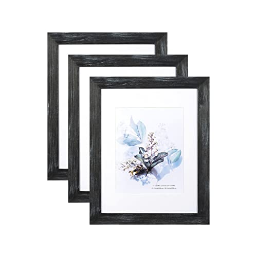 KAIWIN 100% Solid Wood Black 11x14 Picture Frame 3 Pack Display Picture 8x10 with Mat, Rustic Wooden Photo Frames for Wall Mounting