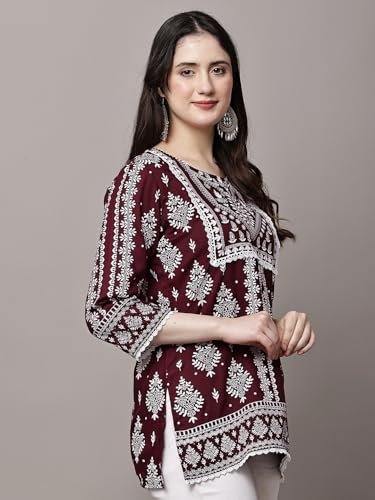 Image of Women's Pink Printed Short Kurti with Lace Trim, 3 /4 Sleeves, Ethnic Indian Style Top