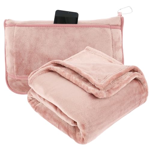 Travel Blanket Airplane with Luggage Strap and Buckle, Blanket and Pillow 2 in 1, Soft Flannel Airplane Blanket, Portable Compact Flight Blanket for Adults and Kids Cars Airplanes Camping (Pink)