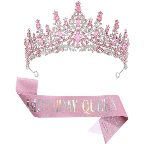 CHTENG Birthday QUEEN Sash and Tiara Rhinestone Crown Headband for Birthday Party Supplies (PINK)