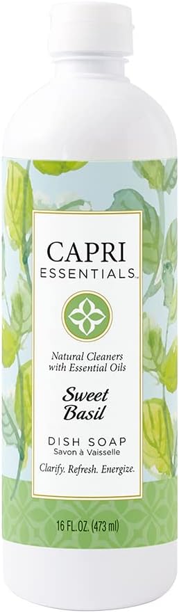 CAPRI ESSENTIALS Dish Soap Liquid, Natural Household Cleaning Supplies, Plant Based Aromatic Dish Detergent, Blend of Essential Oils with Almond Oil, Eucalyptus & Peppermint, Sweet Basil, 16 FL Oz