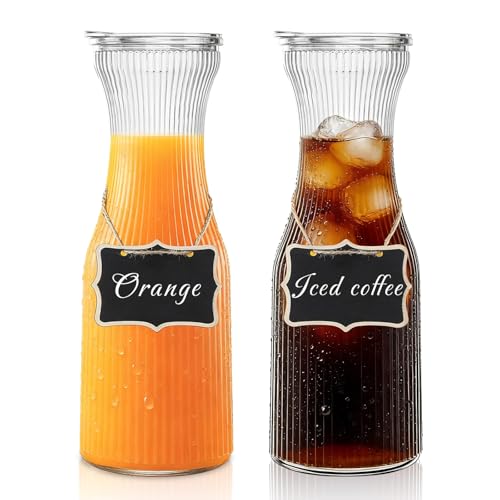 INSETLAN 1 Liter 2 Pack Glass Carafe with Plastic Lid Ribbed Glass Water Jug for Water Juice & Iced Tea Glass Pitchers for Restaurants & Home Use
