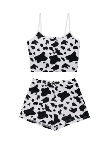 Image of Hilinker Womens Graphic 2 Piece Pajama Set Summer Cute Crop Cami and Shorts Ribbed Lounge Sets