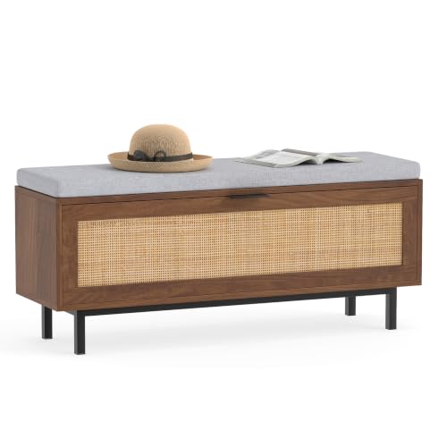Image of COSTWAY Shoe Storage Bench with Cushion and Flip-Down Rattan Door, Brown