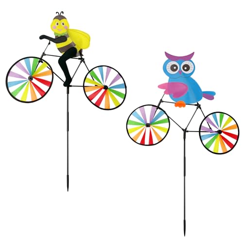 2 Pack 20 Inches Animal Bike Spinners Decoration, Colorful Owl and Bee Pinwheels with Stakes, Windmill Wind Spinner for Yard Garden Lawn, Large Animal...