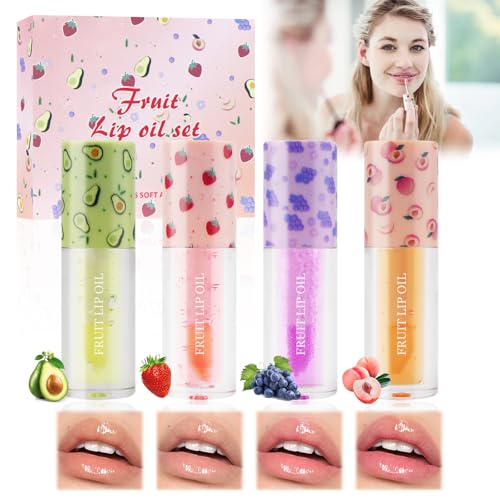 Horuili® 4 Piezas Brillo de Labios con Sabor a Frutas, Lip Gloss Transparente, Sabor a fruta brillo labial, Aceite Líquido para Labios Hidratación Duradera Brillo Transparente