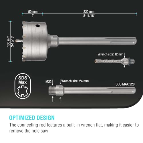 Image of BINOTA 100 mm (3-15 /16 inch) Concrete Hole Saw with SDS-MAX Shank | Tungsten carbide drill bit; SDS-Max shank (220 mm); Cross-type center drill; Dry drilling for concrete /brick /stone /masonry