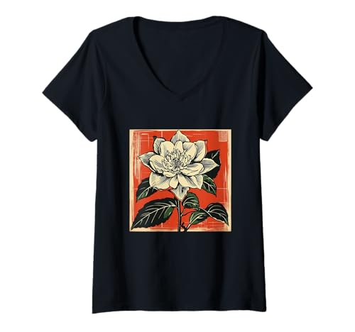 Mujer Clematis Tessen Retro Japón Floral Vintage Flores Japonesas Camiseta Cuello V