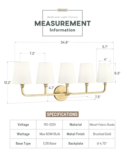 Image of 5-Light Bathroom Light Fixtures, Brushed Gold Vanity Lights with Flared Beige Fabric Shade, 35 Inch Wall Sconce, Vintage Sconces Wall Lighting for Hallway Bedroom, VL837-BG-B-5