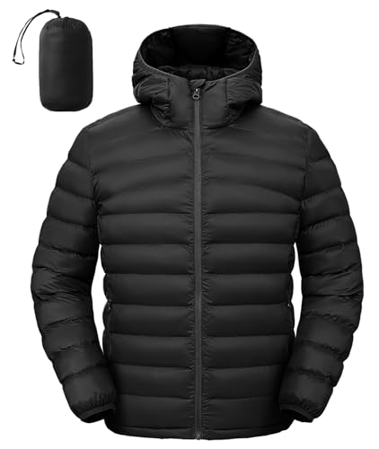 Rdruko Men's Lightweight Packable Puffer Jacket with Hood High Collar Water Resistant Warm Insulated Puffy Winter Coats,Black,L
