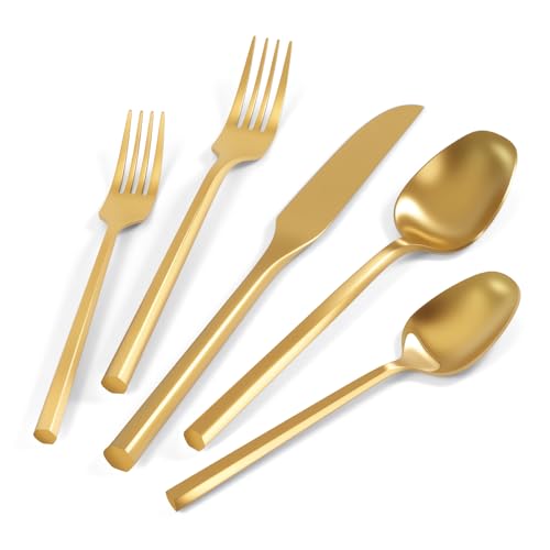 SILWELL Silverware Set 60-Piece Stainless Steel Matte Gold Cutlery, Hand ...