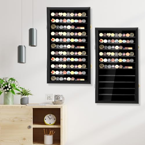 Image of Silipull Lighter Display Case Wall Mount Display Case for Lighter Detachable Wooden Cabinet W /98% UV Acrylic Door Lockable Spoon Storage Box Collection(Black Finish,80 Challenge Coin,Challenge Coin)