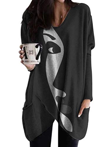 Minetom Langarmshirt Damen V-Ausschnitt Druck Lose Langarm Oberteile...