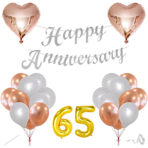 Image of Flyloons 65th Happy Anniversary Decoration Items Rose Gold White for Men Women Husband Wife Mom Dad Parent Couple Home Bedroom Car With 20 Pcs Metallic Balloons Anniversary Banner 2 Pcs Heart Set Kit