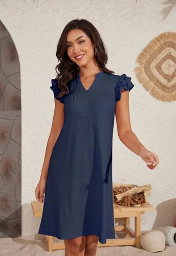 Image of Jayscreate 2025 Cotton Sundresses for Women Casual Summer Aline Ruffle Sleeve T Shirt Flowy Swing Navy Blue Beachy Dress