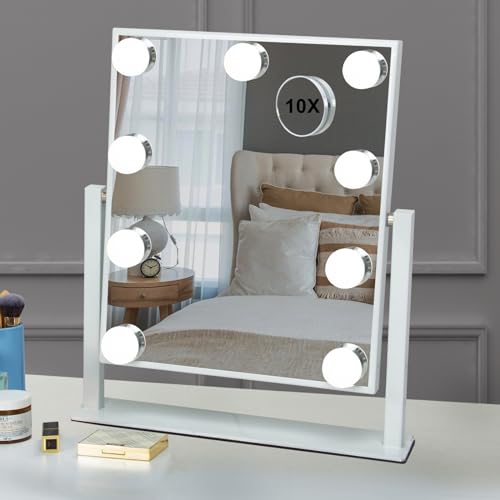Teousev Schminkspiegel mit Beleuchtung, 25x30cm Hollywood Spiegel mit 9 LED-Glühbirnen, Dimmbarer Schminkspiegel für Make-Up
