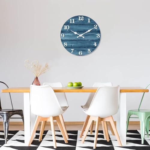 Image of XFM Blue Farmhouse Wooden Wall Clock 14 Inch Silent | Non-Ticking Battery Operated Vintage Country Rustic Round Decorative for Kitchen Living Room Office