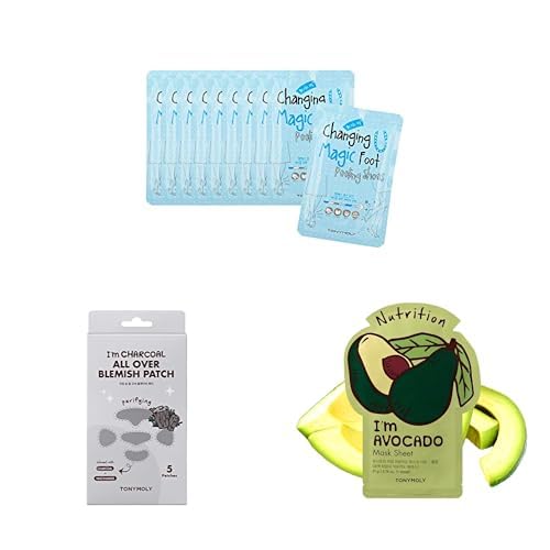 TONYMOLY Foot Care & Relax Pack - Changing U Magic Foot Peeling Shoes, Gentle Exfoliating, 10 pk + I'm Charcoal All Over Blemish Patches, 5 Count + I'm Real Avocado Nourishing Sheet Mask, 10 pk