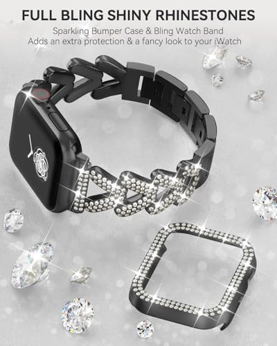 Image of Rhinestones Encrusted Metal Bracelet and Case, Compatible with Apple Watch Bands 38mm-49mm (Series 11 /10 /1 /SE /Ultra 2)- Bling Gold Women's Jewelry Strap, Luxury iWatch Bracelet