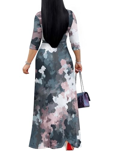 Image of Plus Size Dresses for Women Print Maxi Dresses 3 /4 Sleeve with Belt