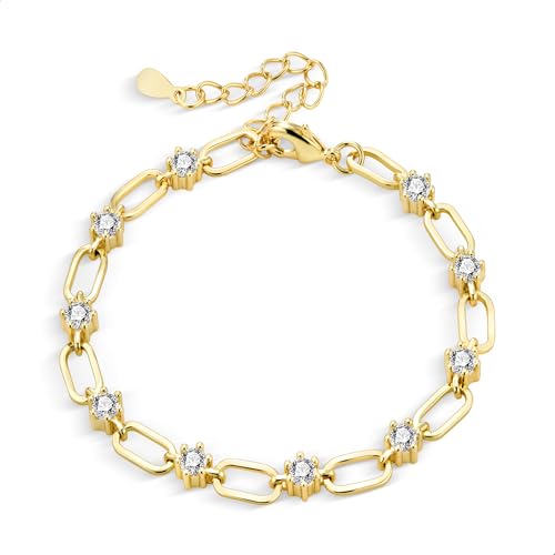 ALEXCRAFT Gold Bracelet for Women Lady, 14K Goldplated 925 Sterling Silver Adjustable Bracelets with Ball Zirconia Real Gold Cuban Choker Link Paperclip Brass Chains Bracelets Women Lady Mom Gifts