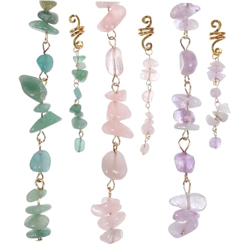 LIFKICH 6個 編み込みヘアアクセサリー レディース用天然翡翠ビーズペンダント付き 三編みドレッドロックチャーム な民族風ヘアジュエリー