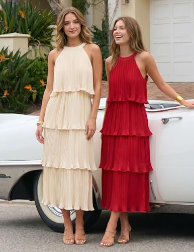 Image of ZESICA Women's 2026 Summer Sleeveless Halter Neck Ruffle Tiered Layered Chiffon Flowy Swing Long Midi Dress
