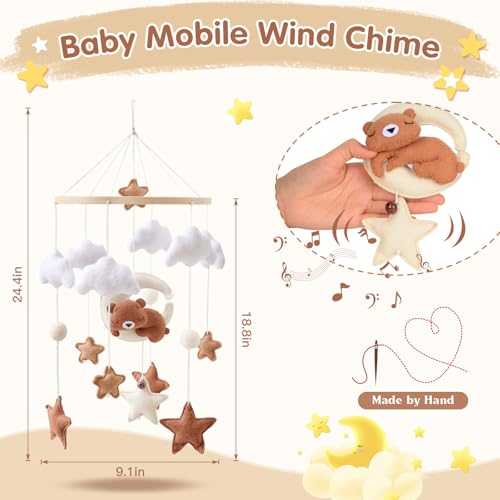 Mobile Babybett, Mobile Baby Windspiele mit 3D Bär Mond Wolken Sterne Glocke, Kinderzimmer Hängende Bettglocke, Handgefertigt Bambus Filz Mobile Baby, Neugeborene Geschenk Junge Mädchen Baby (Braun)