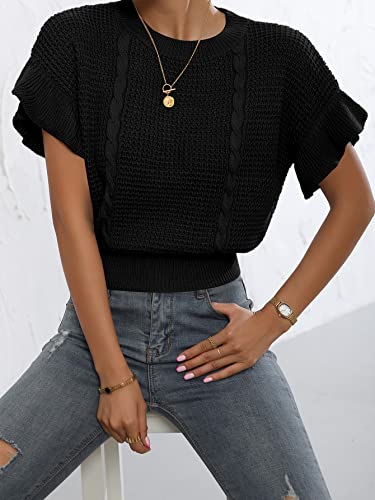 Image of Verdusa Women's Ruffled Short Sleeve Round Neck Knitted Top Pullovers Sweater