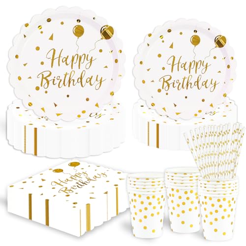 125 Stück Thema Partygeschirr Set, weiß und Gold Geburtstag Geschirr...