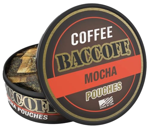 1 Can, BaccOff Mocha Coffee Pouches, 50 MG of Caffeine Per Serving, Creamy Chocolate and Smooth Coffee Flavors, 16 Pouches
